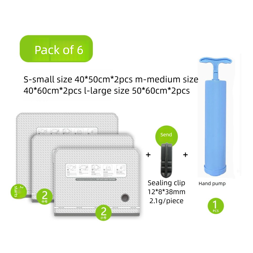 Six Vacuum Storage Bags Set with Hand Pump - Space Saving Compression Bags for Travel & Wardrobe Organization - Image 1