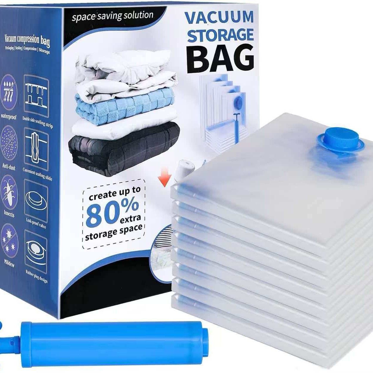 6-Piece Vacuum Storage Bags Set with Hand Pump - Multi-Size Space Saver for Quilts, Clothes & Duvets - Image 1