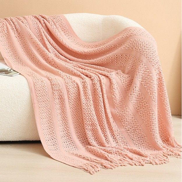 Pink Elegant Openwork Knitted Throw Blanket with Tassels - 127x180cm Large Decorative Soft Sofa Blanket for Living Room & Bedroom - Breathable Cozy Cover for Travel & Office Nap - Image 1