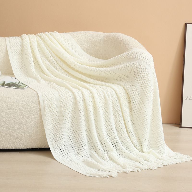 White Elegant Openwork Knitted Throw Blanket with Tassels - 127x180cm Large Decorative Soft Sofa Blanket for Living Room & Bedroom - Breathable Cozy Cover for Travel & Office Nap - Image 1
