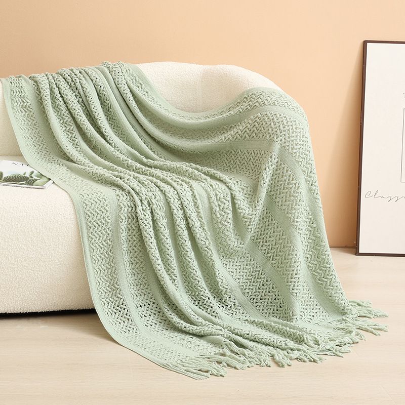 Mint green Elegant Openwork Knitted Throw Blanket with Tassels - 127x180cm Large Decorative Soft Sofa Blanket for Living Room & Bedroom - Breathable Cozy Cover for Travel & Office Nap - Image 1