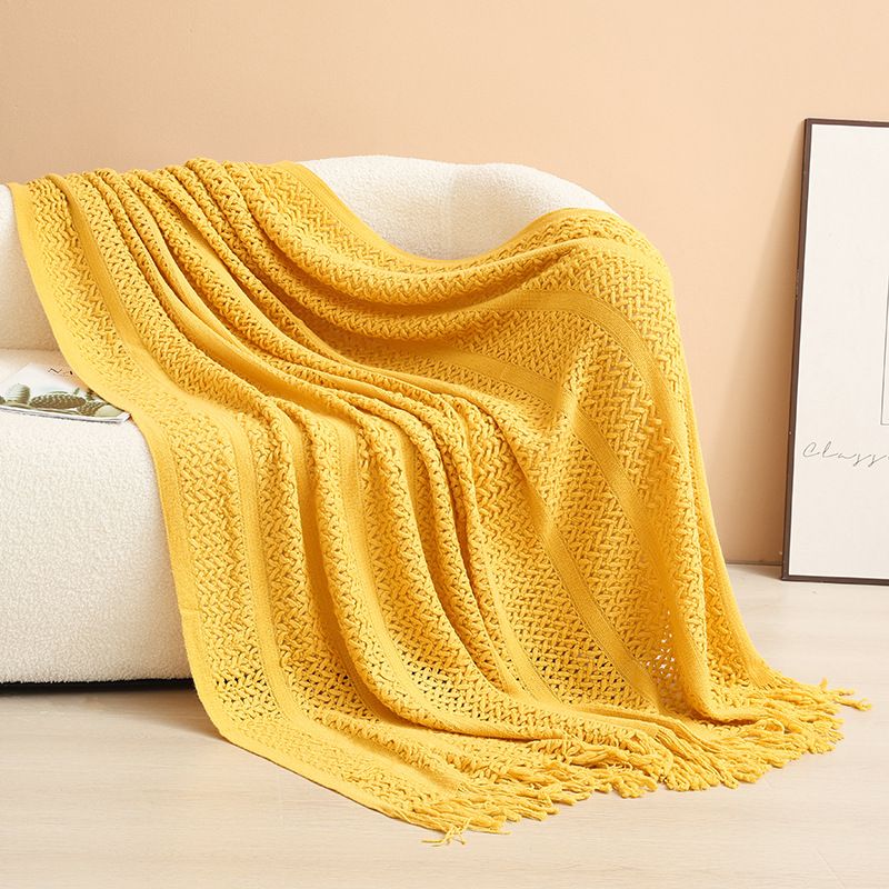 Yellow Elegant Openwork Knitted Throw Blanket with Tassels - 127x180cm Large Decorative Soft Sofa Blanket for Living Room & Bedroom - Breathable Cozy Cover for Travel & Office Nap - Image 1