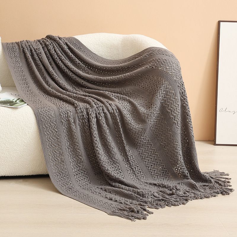 Dark grey Elegant Openwork Knitted Throw Blanket with Tassels - 127x180cm Large Decorative Soft Sofa Blanket for Living Room & Bedroom - Breathable Cozy Cover for Travel & Office Nap - Image 1