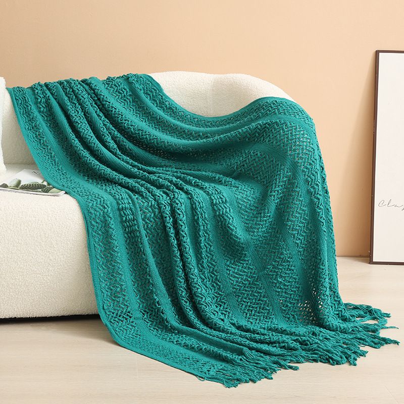 Dark green Elegant Openwork Knitted Throw Blanket with Tassels - 127x180cm Large Decorative Soft Sofa Blanket for Living Room & Bedroom - Breathable Cozy Cover for Travel & Office Nap - Image 1
