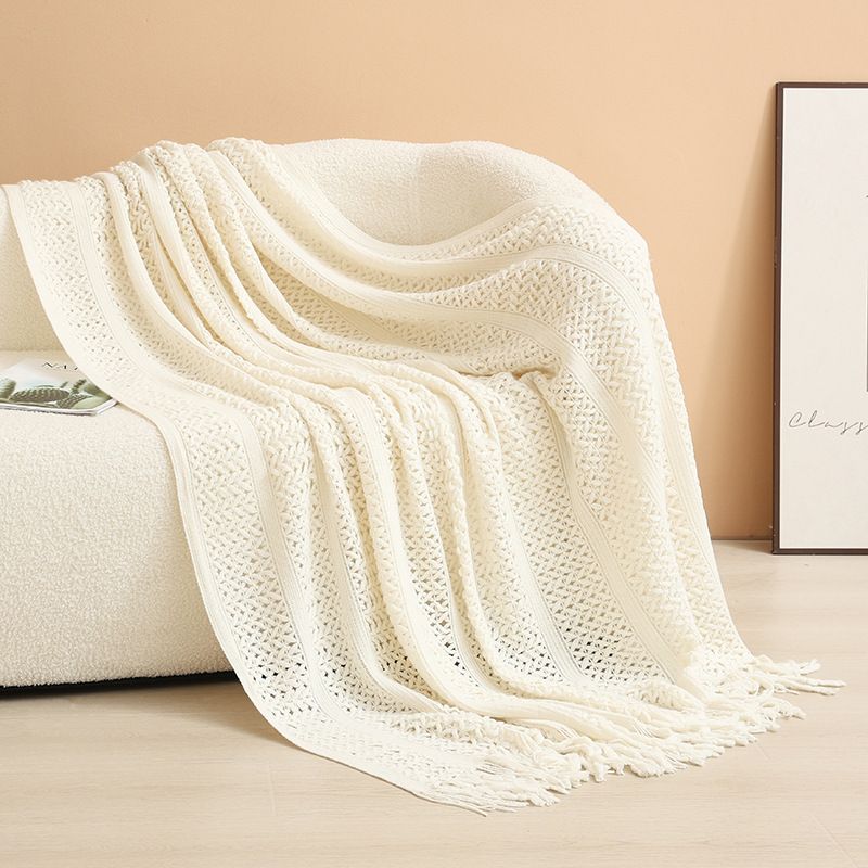 Beige Elegant Openwork Knitted Throw Blanket with Tassels - 130x230cm Large Decorative Soft Sofa Blanket for Living Room & Bedroom - Breathable Cozy Cover for Travel & Office Nap - Image 1