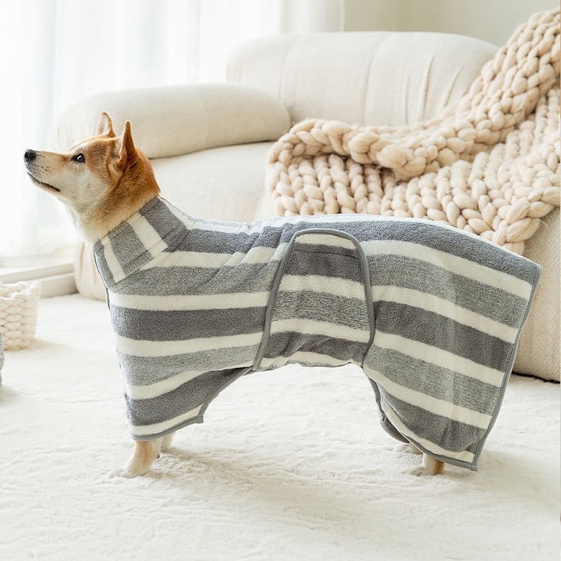 Grey Stripes Super Absorbent Pet Bathrobe with Waist Belt & Neck Snap - Full Coverage Quick-Drying Towel for Dogs & Cats (XS Size) - Image 1