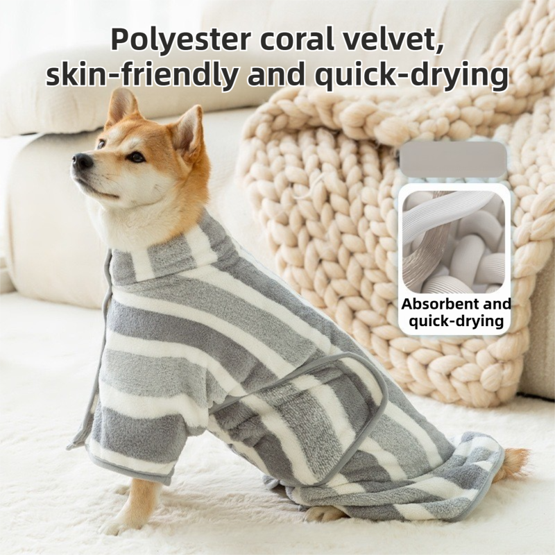 Red Stripes Super Absorbent Pet Bathrobe with Waist Belt & Neck Snap - Full Coverage Quick-Drying Towel for Dogs & Cats (XS Size) - Image 3