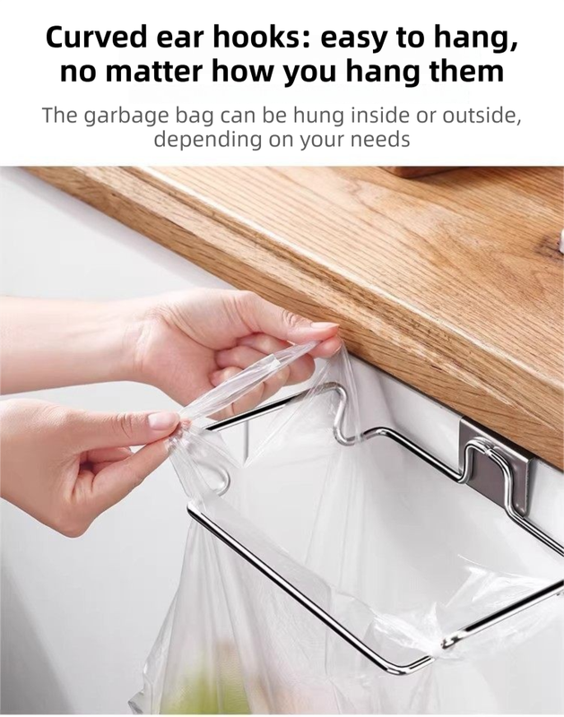Stainless Steel Over-Cabinet Trash Bag Holder with Curved Ear Hook  - Heavy Duty Hanging Waste Bag Support for Home & Office - Image 4