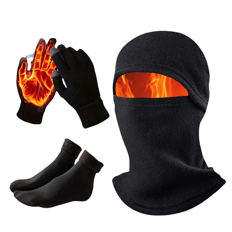 3-in-1 Black Winter Windproof and Thermal Sport Gear - Fleece Balaclava Hood, Touchscreen Gloves & Insulated Socks - Image 1