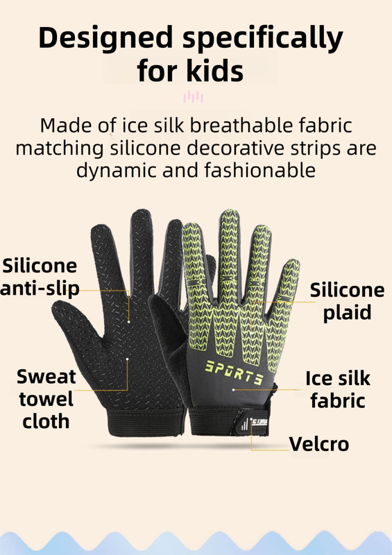 Black and Green Breathable Cycling Gloves for Kids - Non-Slip Silicone Grip, Ice Silk & Shock-Absorbing Sports Mitts (M Size) - Image 2