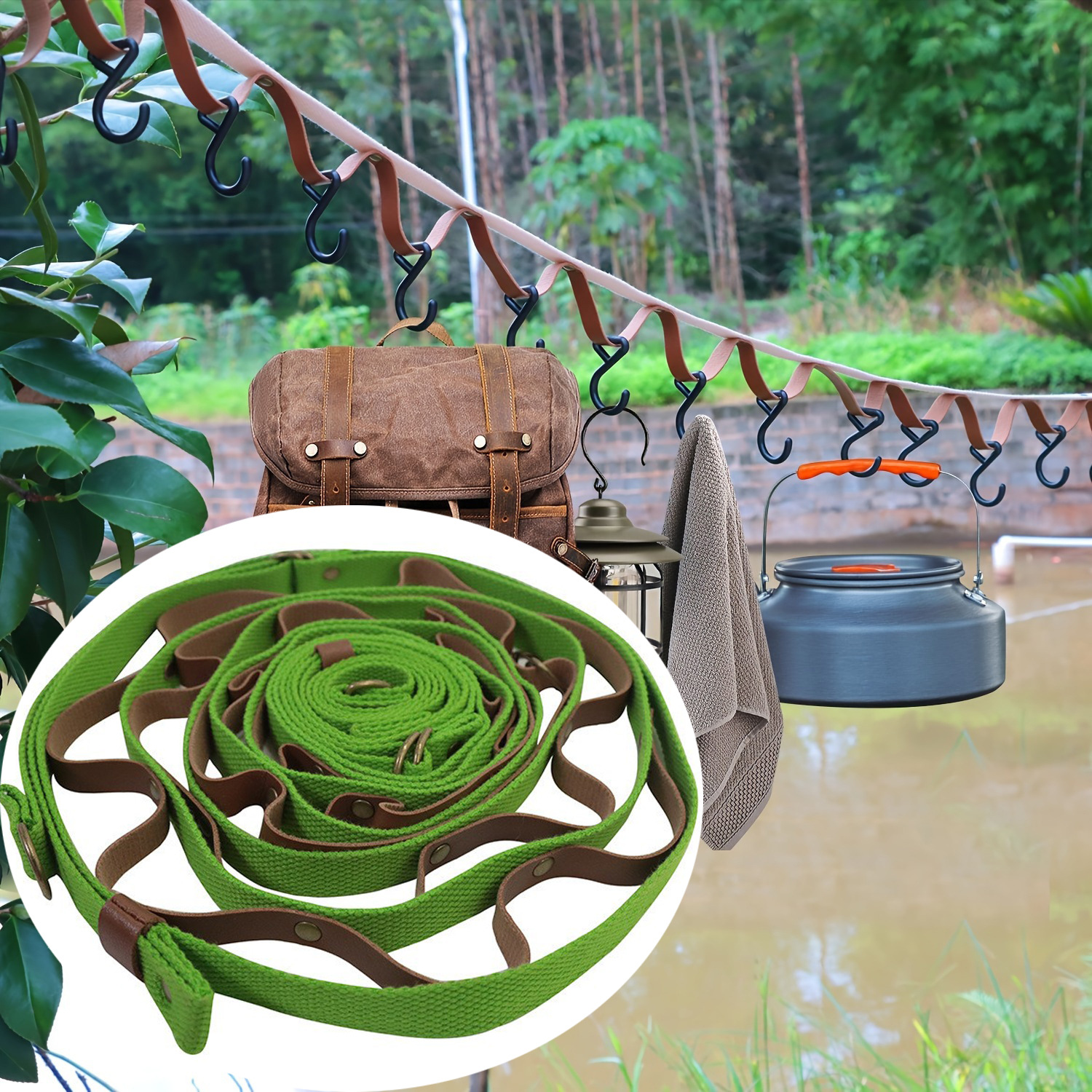 Green and Brown 5.3M Heavy Duty PU Leather Camping Lanyard with 19 Carabiners  - Portable Outdoor Clothesline for Tents & Canopies - Image 1