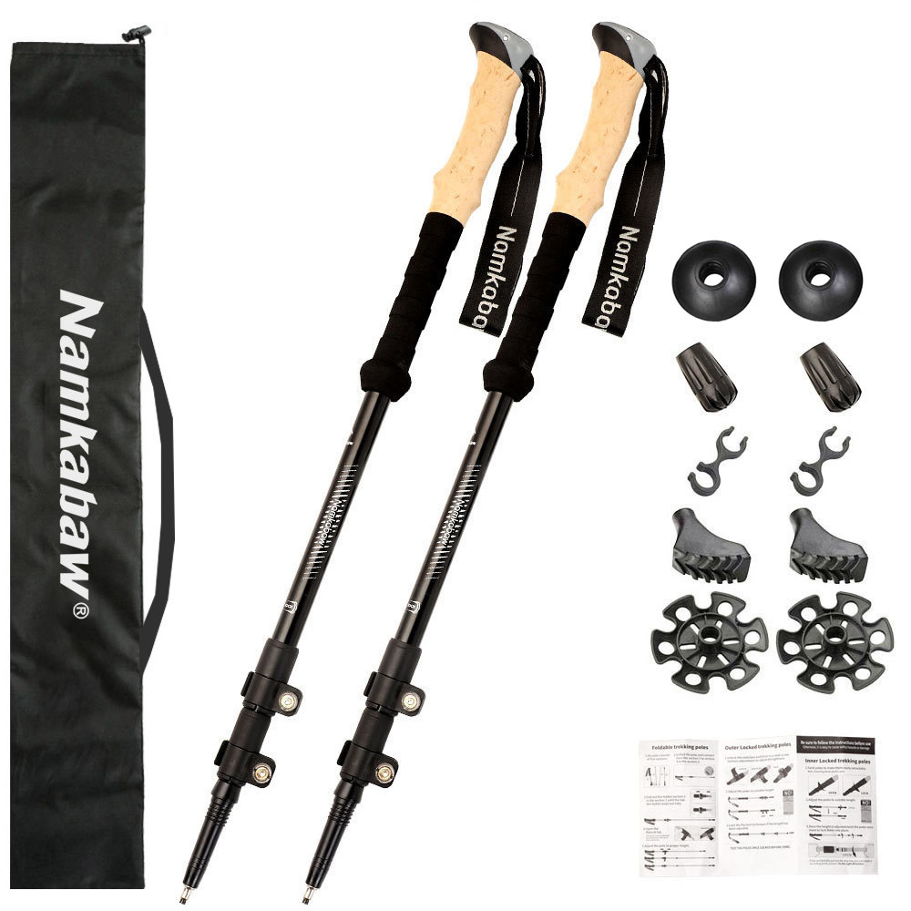 2-Pack Black Aluminum Alloy Telescopic Trekking Poles with Secure External Lock & Accessory - 3-Section Adjustable Hiking Sticks(65-135cm) - Image 1