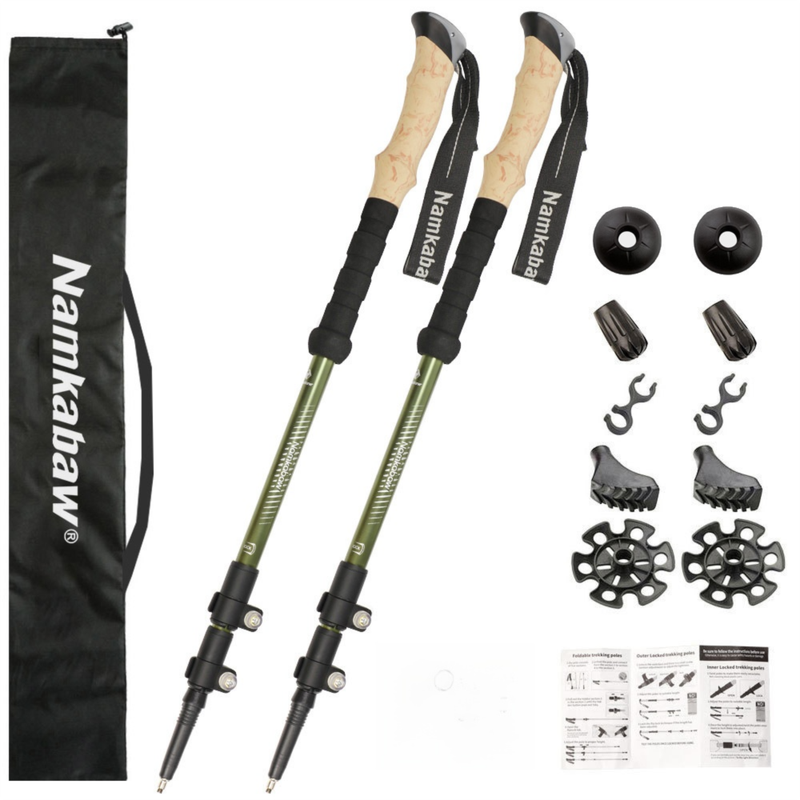 2-Pack Green Aluminum Alloy Telescopic Trekking Poles with Secure External Lock & Accessory - 3-Section Adjustable Hiking Sticks(65-135cm) - Image 1