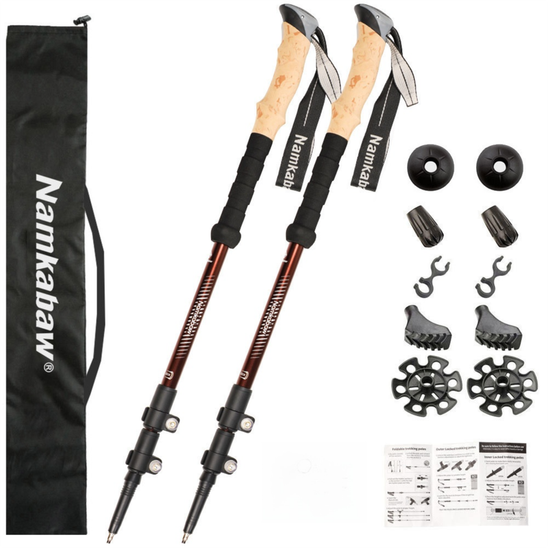 2-Pack Brown Aluminum Alloy Telescopic Trekking Poles with Secure External Lock & Accessory - 3-Section Adjustable Hiking Sticks(65-135cm) - Image 1