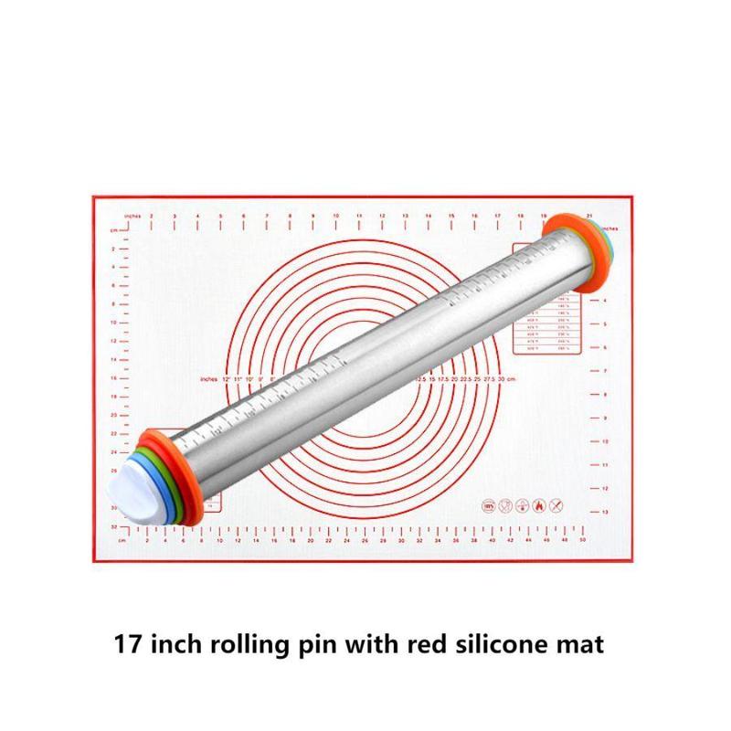 Adjustable Stainless Steel Rolling Pin + 40 x 60 CM Red Non-Stick Silicone Pastry Mat with 4 Precise Thickness Rings & Clear Measurement Markings - Image 1