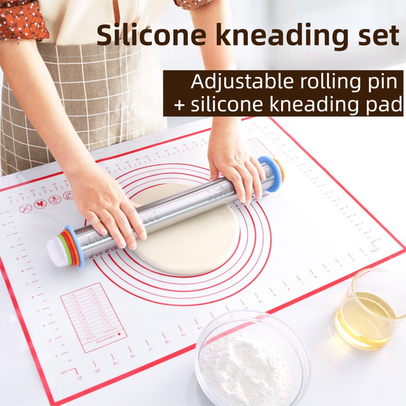 Adjustable Stainless Steel Rolling Pin + 40 x 60 CM Red Non-Stick Silicone Pastry Mat with 4 Precise Thickness Rings & Clear Measurement Markings - Image 2