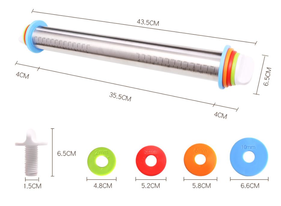 Adjustable Stainless Steel Rolling Pin + 40 x 60 CM Red Non-Stick Silicone Pastry Mat with 4 Precise Thickness Rings & Clear Measurement Markings - Image 5