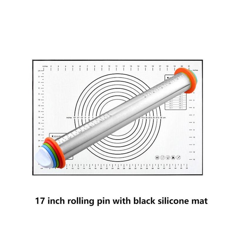 Adjustable Stainless Steel Rolling Pin + 40 x 60 CM Black Non-Stick Silicone Pastry Mat with 4 Precise Thickness Rings & Clear Measurement Markings - Image 1