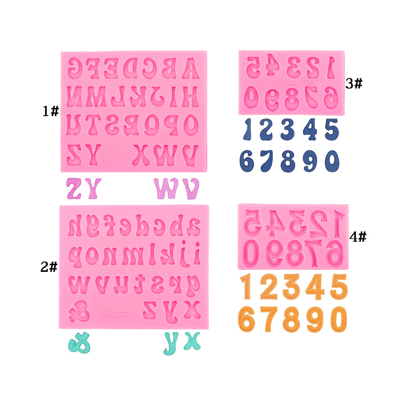 4-Pack Pink Alphabet & Numbers Silicone Fondant Molds - Heat Resistant Cake Decoration & Resin Crafting Tools - Image 1
