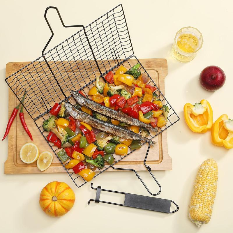 180° Foldable Stainless Steel BBQ Grilling Net Basket with Storage Bag & Secure Lock - Fish, Chicken Wings & Vegetable Barbecue Mesh Clip - Image 1