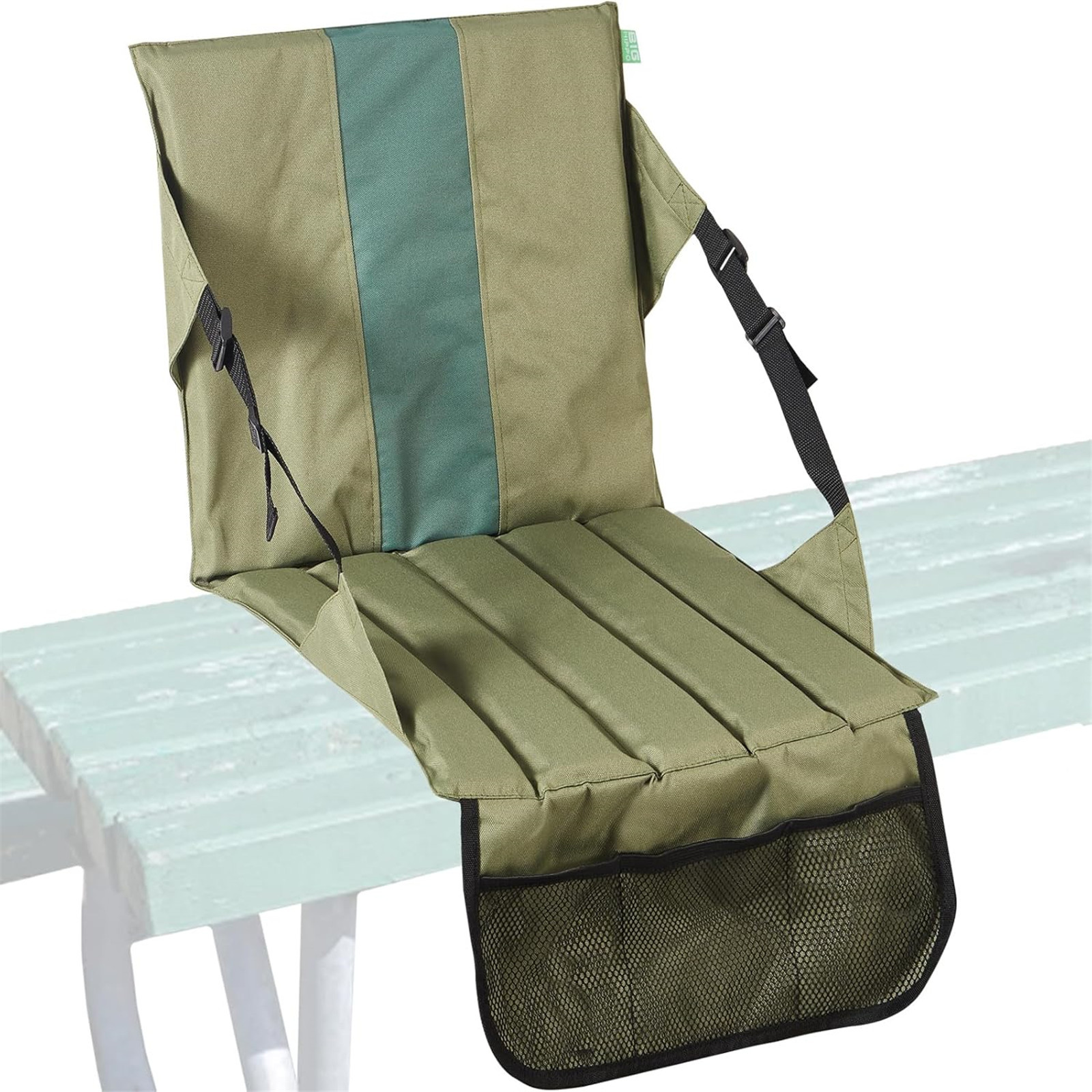 Green Foldable Stadium Seat Cushion with Backrest & Storage Pockets - Portable Roll-Up Outdoor Waterproof Oxford Cloth Bleacher Chair - Image 1