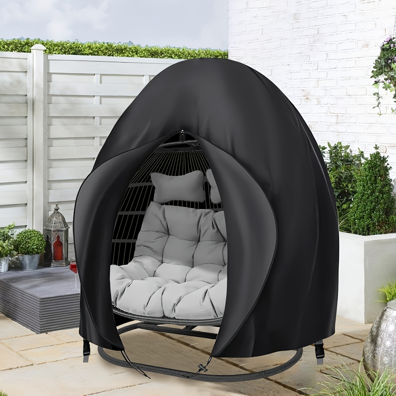 Black Heavy Duty Hanging Egg Chair Shield with Windproof Drawstring and Storage Bag - Waterproof & Dustproof Garden Swing Chair Protector (Double Seat 190 x 115 CM) - Image 1