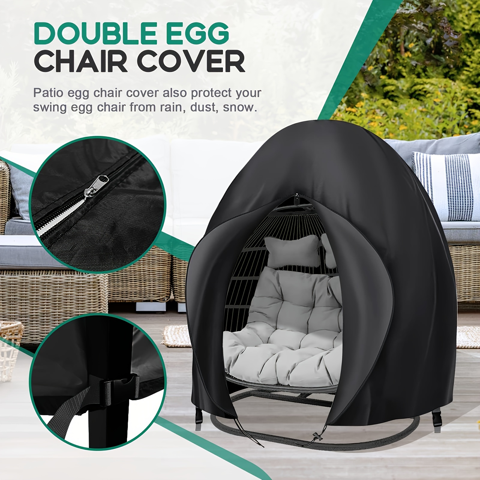 Black Heavy Duty Hanging Egg Chair Shield with Windproof Drawstring and Storage Bag - Waterproof & Dustproof Garden Swing Chair Protector (Double Seat 190 x 115 CM) - Image 2