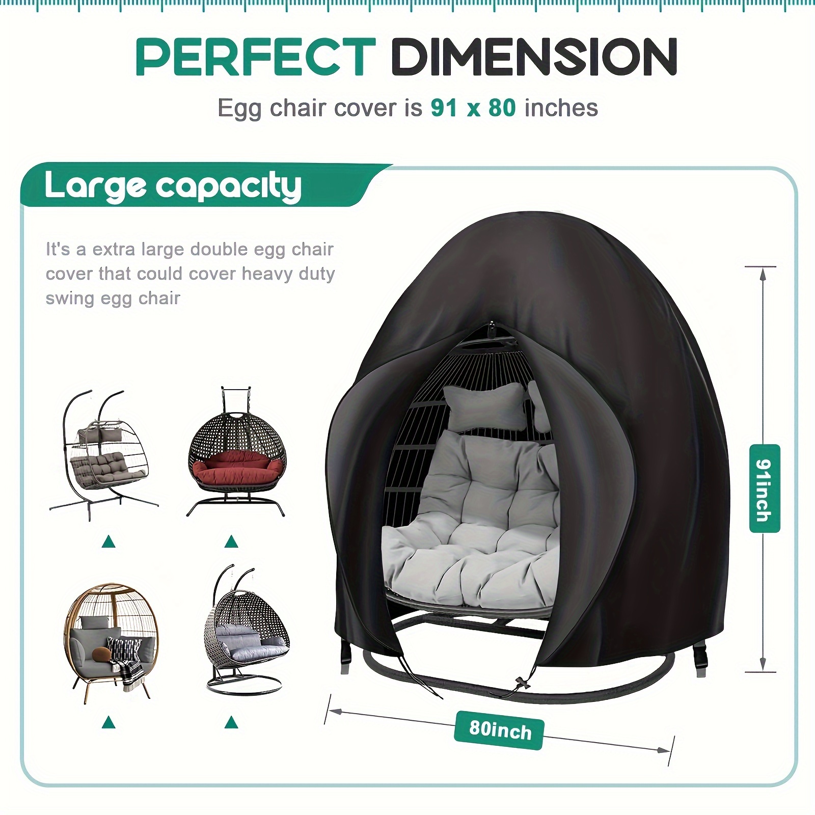 Black Heavy Duty Hanging Egg Chair Shield with Windproof Drawstring and Storage Bag - Waterproof & Dustproof Garden Swing Chair Protector (Double Seat 190 x 115 CM) - Image 3