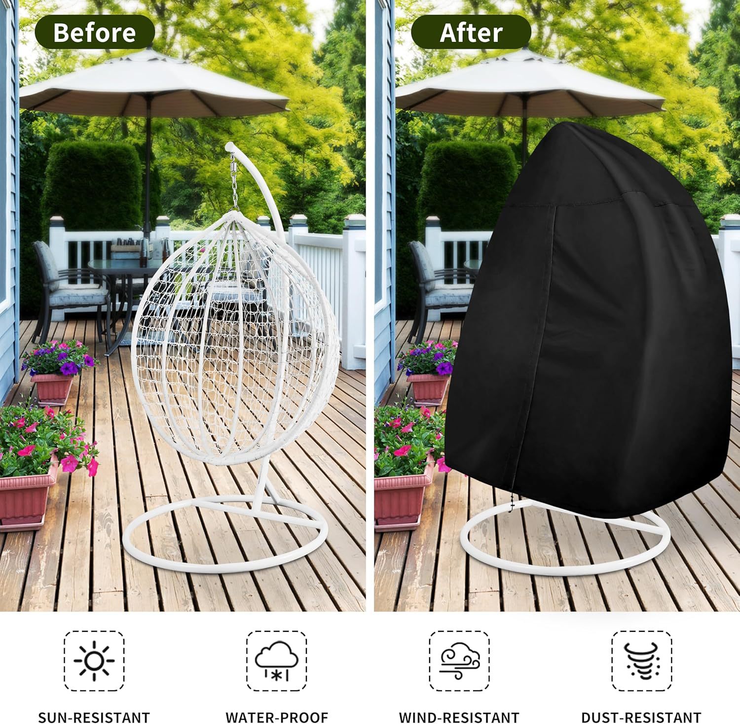 Black Heavy Duty Hanging Egg Chair Shield with Windproof Drawstring and Storage Bag - Waterproof & Dustproof Garden Swing Chair Protector (Double Seat 190 x 115 CM) - Image 4