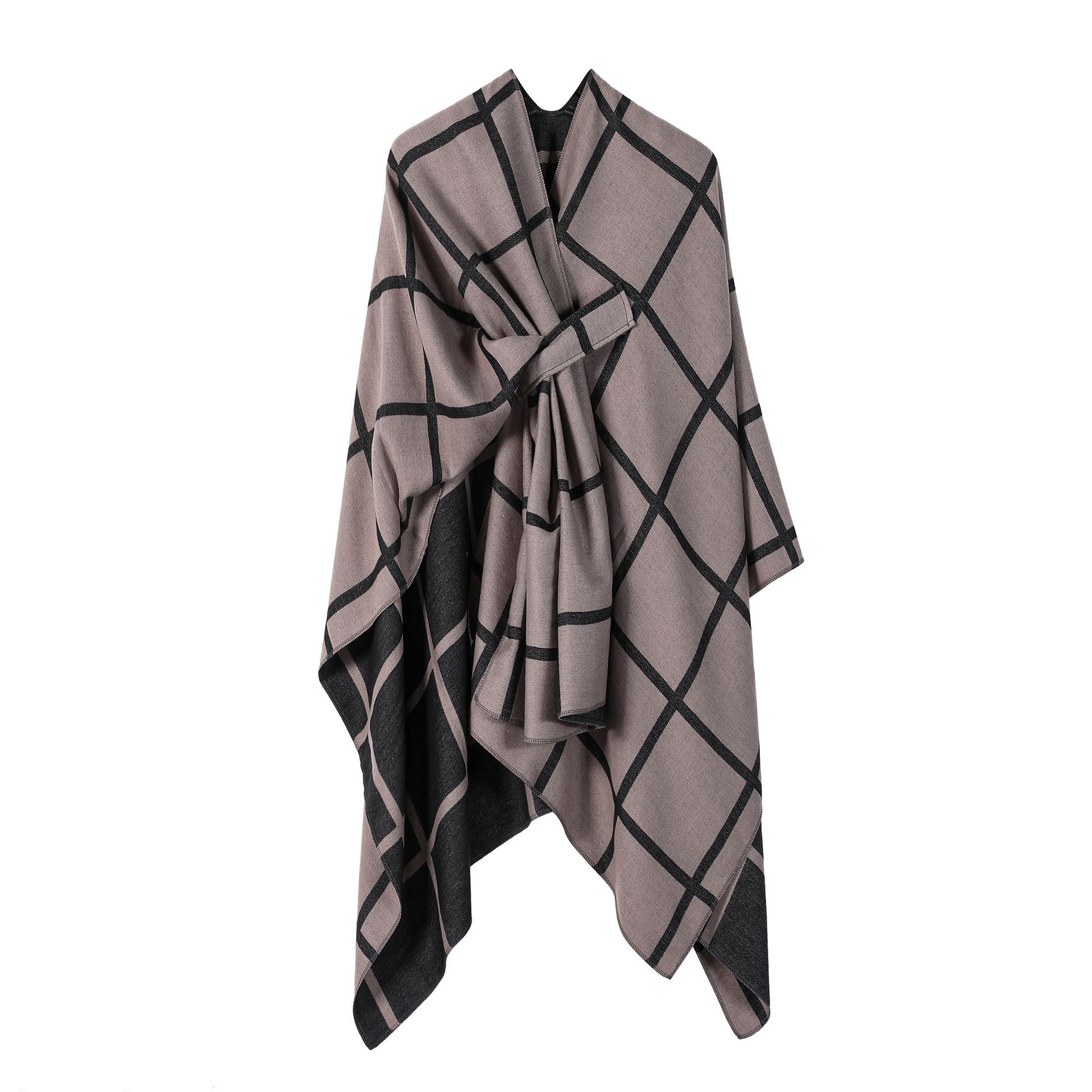 Brown Elegant Check Knit Travel Shawl with Stylish Side-Slit Design - Fall & Winter Luxurious Cashmere-Feel Pullover Cape (135 x 155 CM) - Image 1