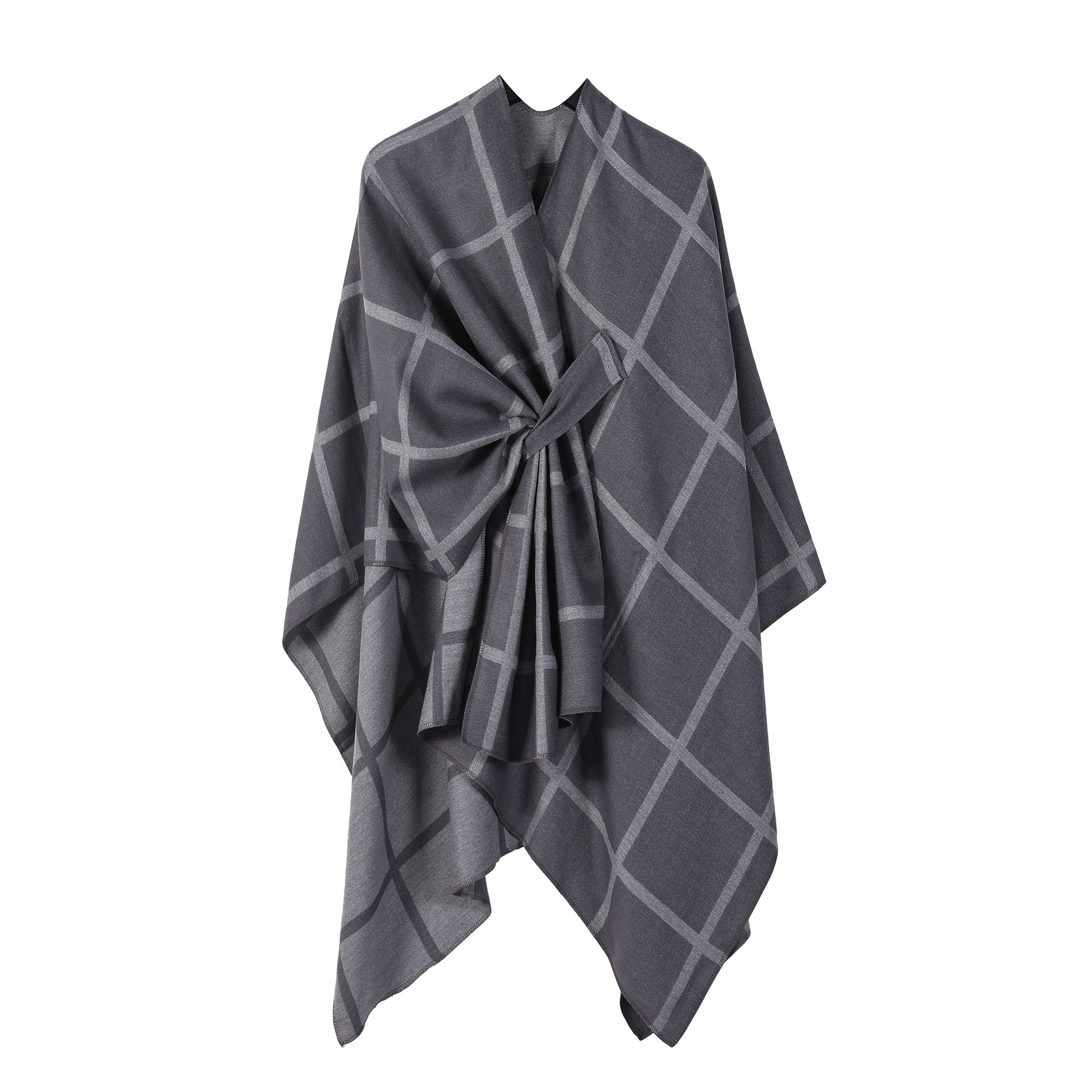 Grey Elegant Check Knit Travel Shawl with Stylish Side-Slit Design - Fall & Winter Luxurious Cashmere-Feel Pullover Cape (135 x 155 CM) - Image 1