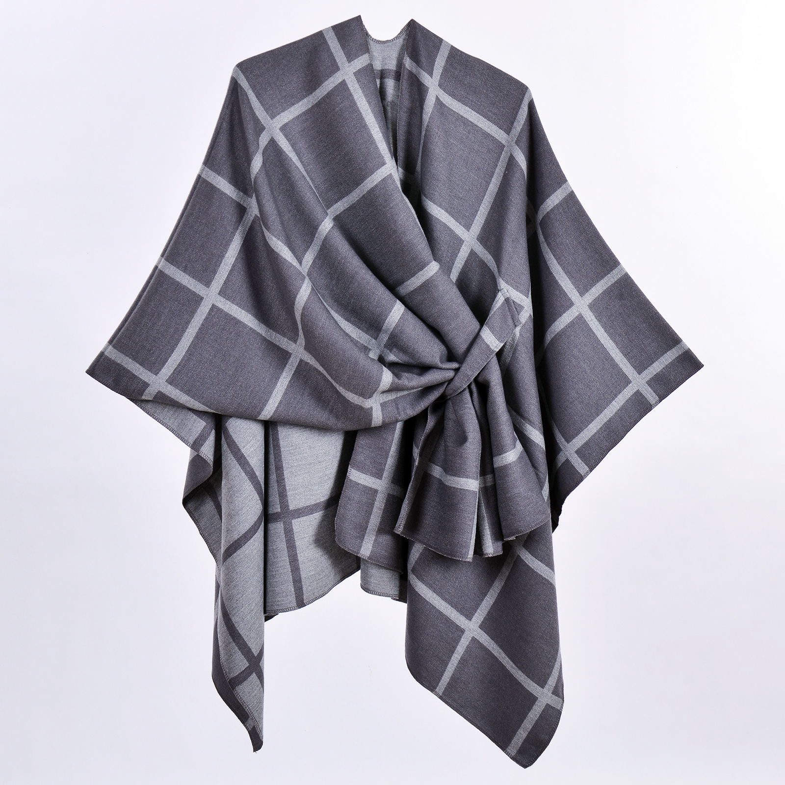 Grey Elegant Check Knit Travel Shawl with Stylish Side-Slit Design - Fall & Winter Luxurious Cashmere-Feel Pullover Cape (135 x 155 CM) - Image 2