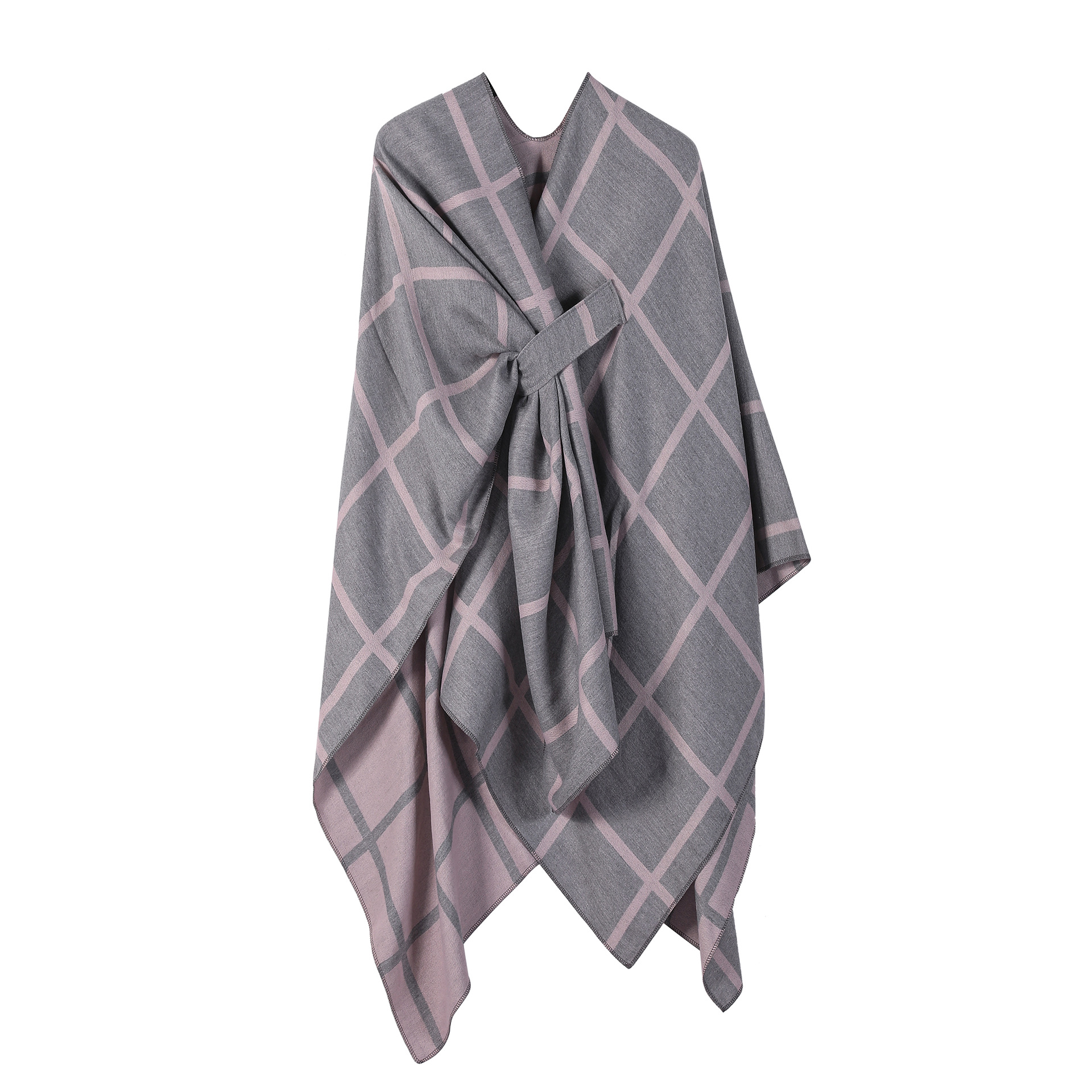 Grey and Pink Elegant Check Knit Travel Shawl with Stylish Side-Slit Design - Fall & Winter Luxurious Cashmere-Feel Pullover Cape (135 x 155 CM) - Image 1