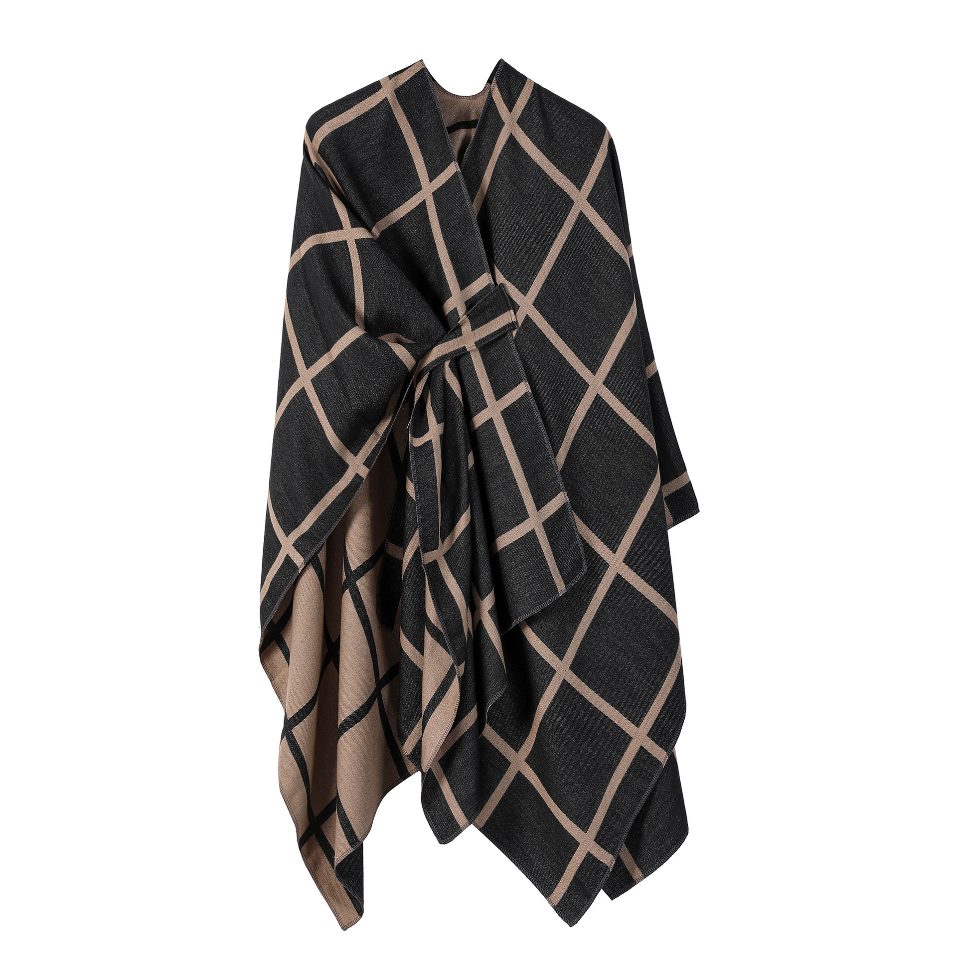 Black and Brown Elegant Check Knit Travel Shawl with Stylish Side-Slit Design - Fall & Winter Luxurious Cashmere-Feel Pullover Cape (135 x 155 CM) - Image 1