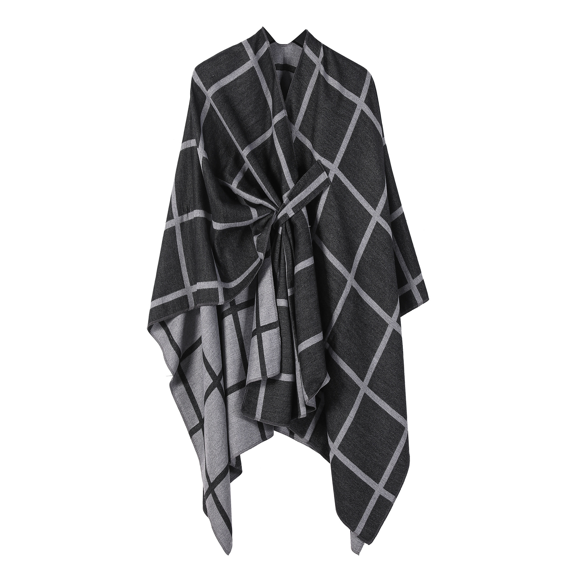Black and Grey Elegant Check Knit Travel Shawl with Stylish Side-Slit Design - Fall & Winter Luxurious Cashmere-Feel Pullover Cape (135 x 155 CM) - Image 1