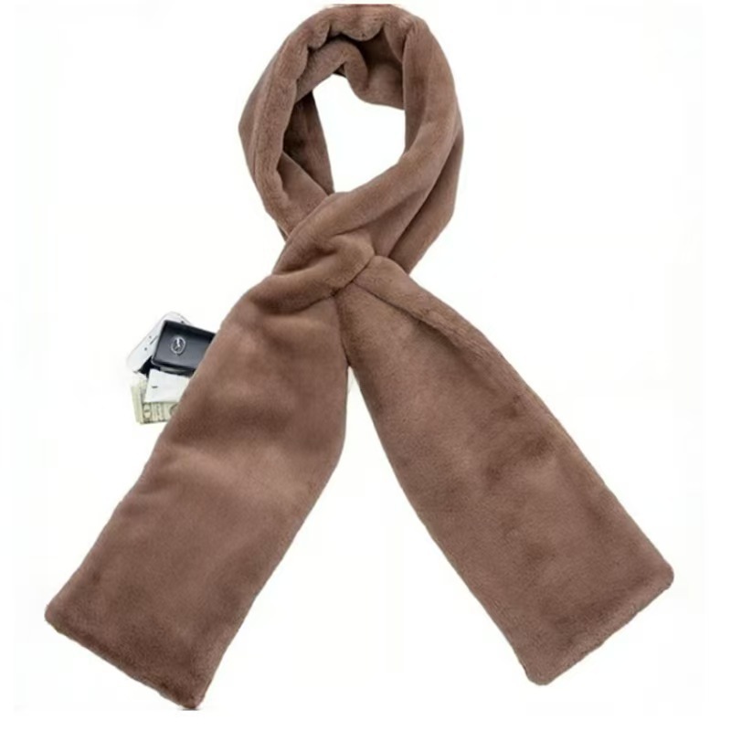 Brown Soft Faux Fur Scarf with 15x20CM Hidden Zipper Pocket - Anti-Theft Travel Scarf  for Phone, Passport and Essentials - Image 1