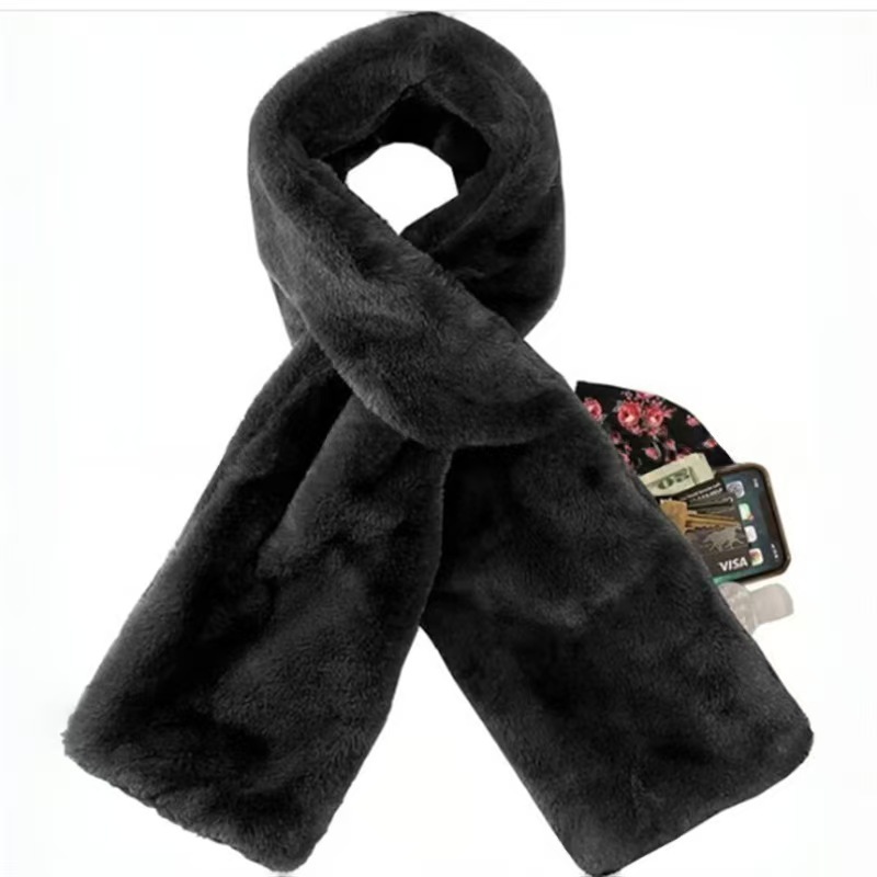 Black Soft Faux Fur Scarf with 15x20CM Hidden Zipper Pocket - Anti-Theft Travel Scarf  for Phone, Passport and Essentials - Image 1