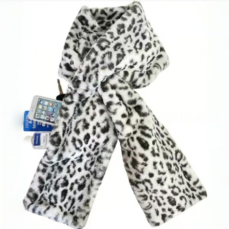 Leopard Print Soft Faux Fur Scarf with 15x20CM Hidden Zipper Pocket - Anti-Theft Travel Scarf  for Phone, Passport and Essentials - Image 1