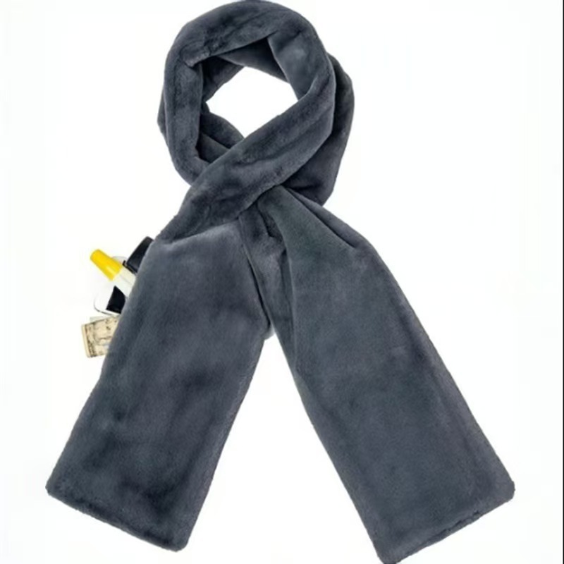 Grey Soft Faux Fur Scarf with 15x20CM Hidden Zipper Pocket - Anti-Theft Travel Scarf  for Phone, Passport and Essentials - Image 1