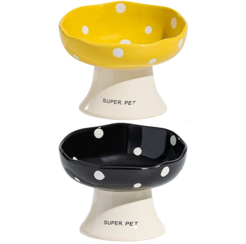 Yellow and Black Elevated 15° Tilted Ceramic Cat Bowl - Anti-Chin Acne Glaze Finish, Non-Slip Weighted Base & Neck Protection Pet Feeder - Image 1
