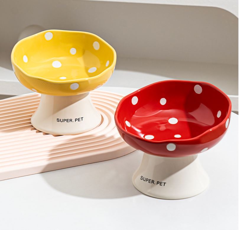 Red and Yellow Elevated 15° Tilted Ceramic Cat Bowl - Anti-Chin Acne Glaze Finish, Non-Slip Weighted Base & Neck Protection Pet Feeder - Image 1