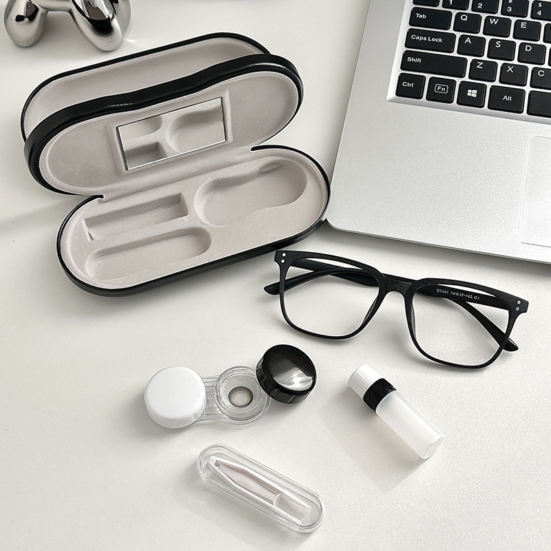 Black Leather Dual-Layer Eyewear Case with Mirror & Lens Care Kit - Rigid Travel Organizer for Glasses and Contact Lenses - Image 1