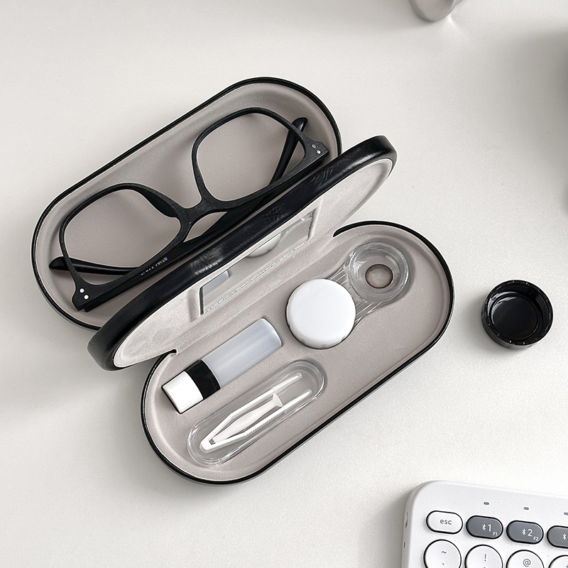 Black Leather Dual-Layer Eyewear Case with Mirror & Lens Care Kit - Rigid Travel Organizer for Glasses and Contact Lenses - Image 2