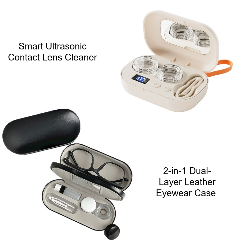 Premium Eye Care Travel Set: 2-in-1 Black Dual-Layer Leather Eyewear Case and Smart Ultrasonic Contact Lens Cleaner with Mirror & Lens Care Kit - Image 1