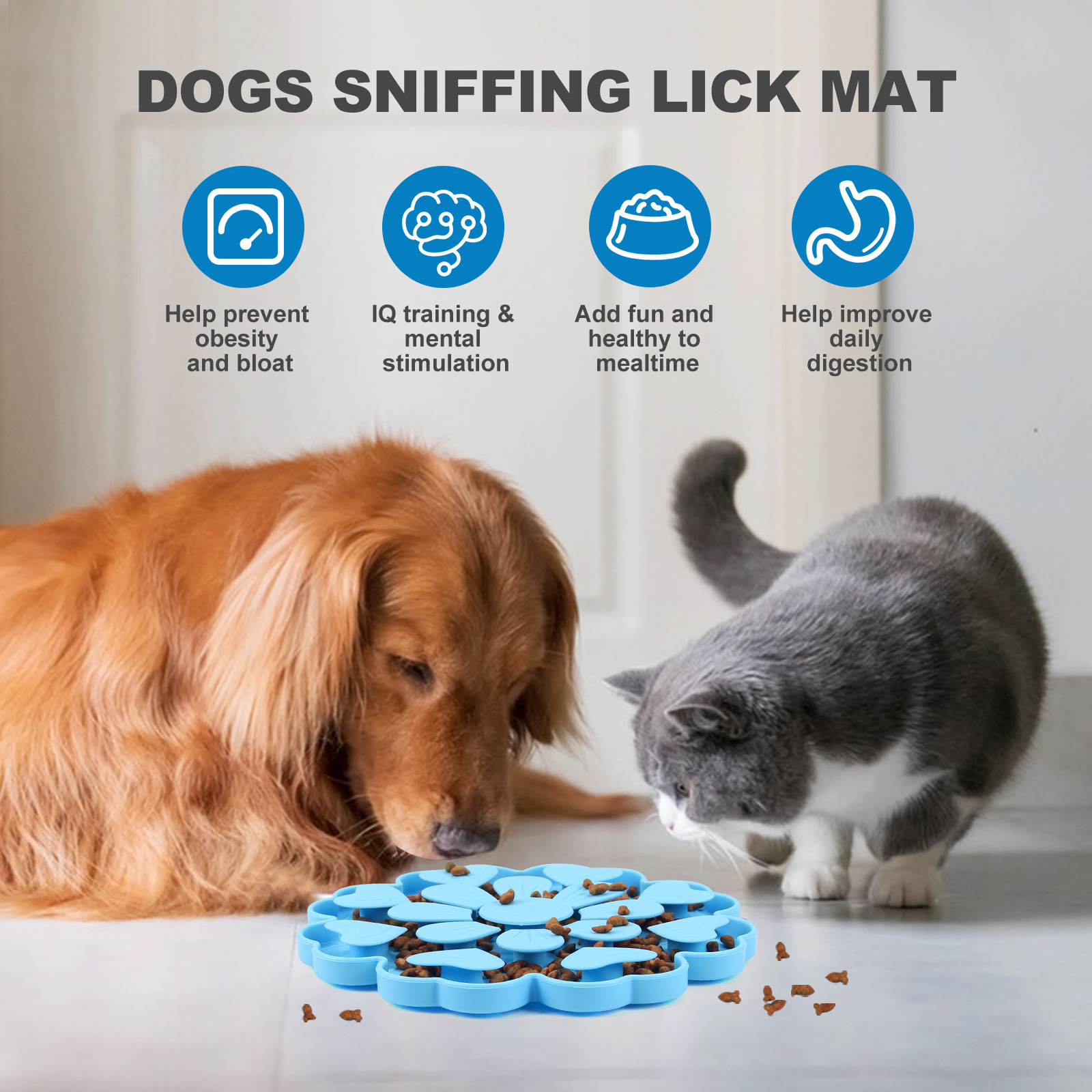 Blue 4-in-1 Textured Silicone Pet Lick Mat & Slow Feeder - Anti-Anxiety Calming Pad with Back Suction Cups - Image 3