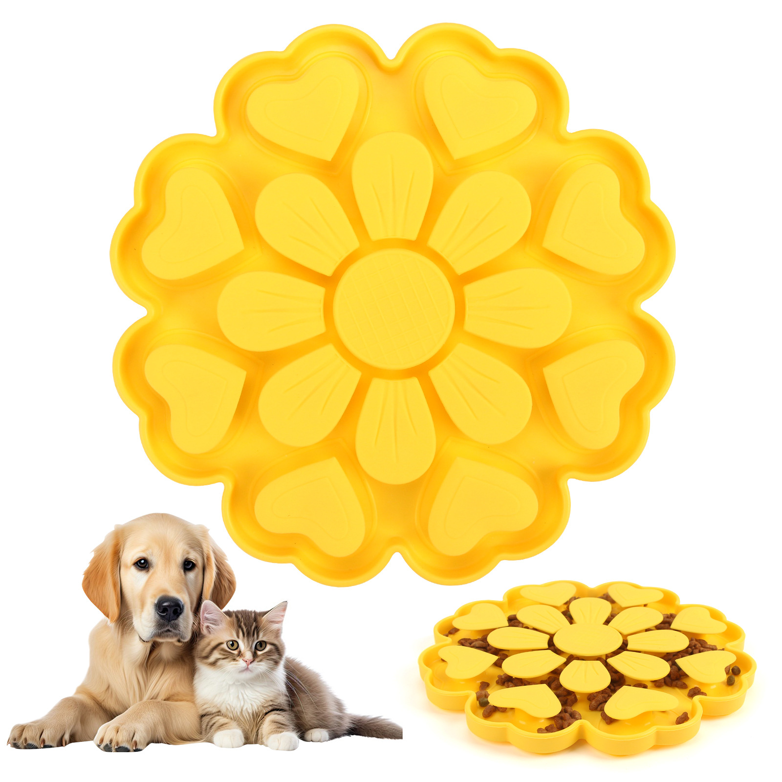 Yellow 4-in-1 Textured Silicone Pet Lick Mat & Slow Feeder - Anti-Anxiety Calming Pad with Back Suction Cups - Image 1