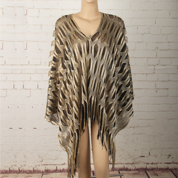 Gold Boho Hollow-Out Wave Poncho Shawl with Tassel Hem - Elegant Dual-Tone Color Block Oversized Wrap for Fall & Winter Layering - Image 1