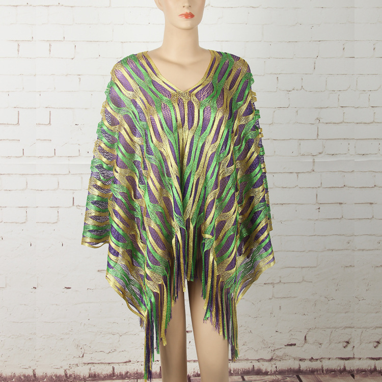 Green Boho Hollow-Out Wave Poncho Shawl with Tassel Hem - Elegant Dual-Tone Color Block Oversized Wrap for Fall & Winter Layering - Image 1