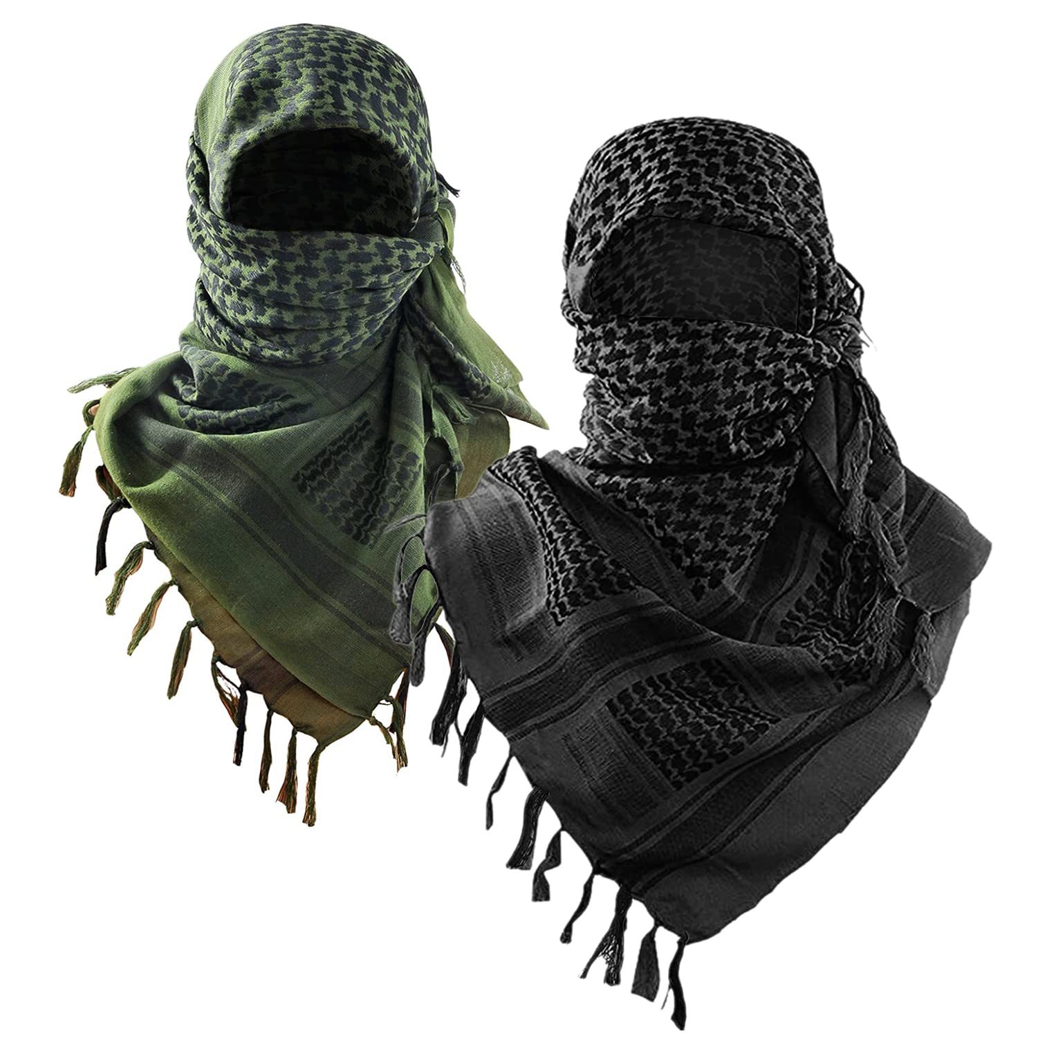 2-Pack 110x110CM Military Shemagh Cotton Tactical Desert Scarf (Black + Green) - Versatile Protective Face Mask and Head Wrap for Motorcycling, Paintball & Outdoors - Image 1