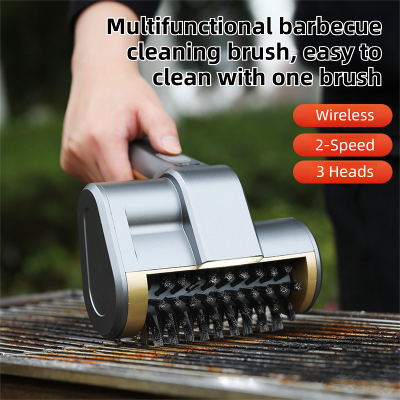 3-in-1 Gold Cordless Electric Grill Cleaner Built-in LED & USB Charging - Waterproof High Power BBQ Cleaning Brush with 2-Speed Setting - Image 2